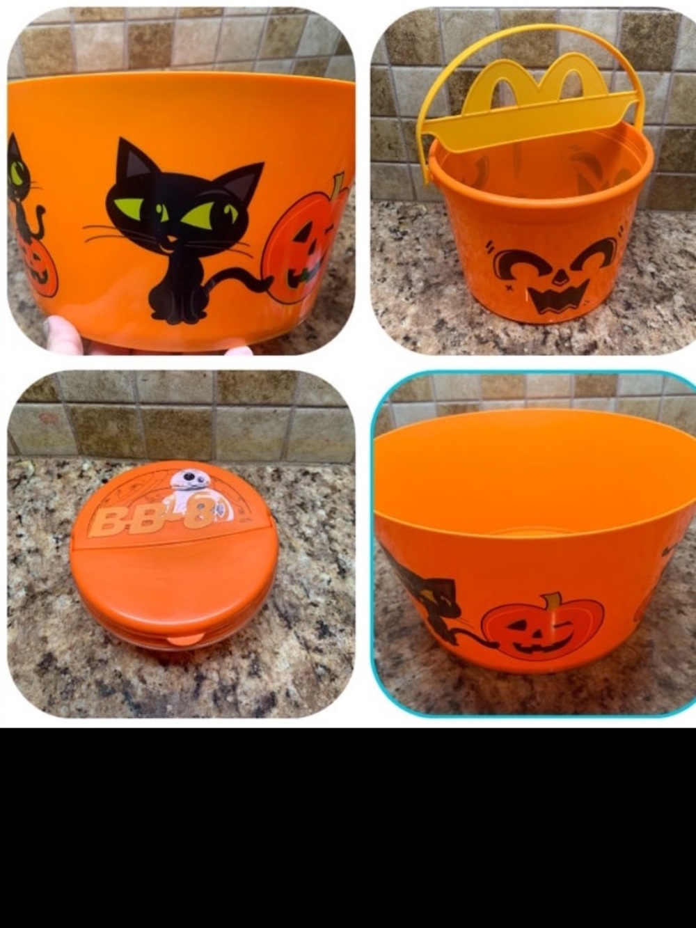 Plastic Orange Halloween Candy Bowl, Mc Donald Boo Bucket, and Snack Container.